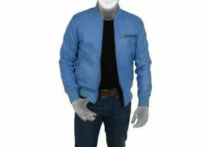 Classic Retro Bomber Varsity Men's Blue Leather Jacket