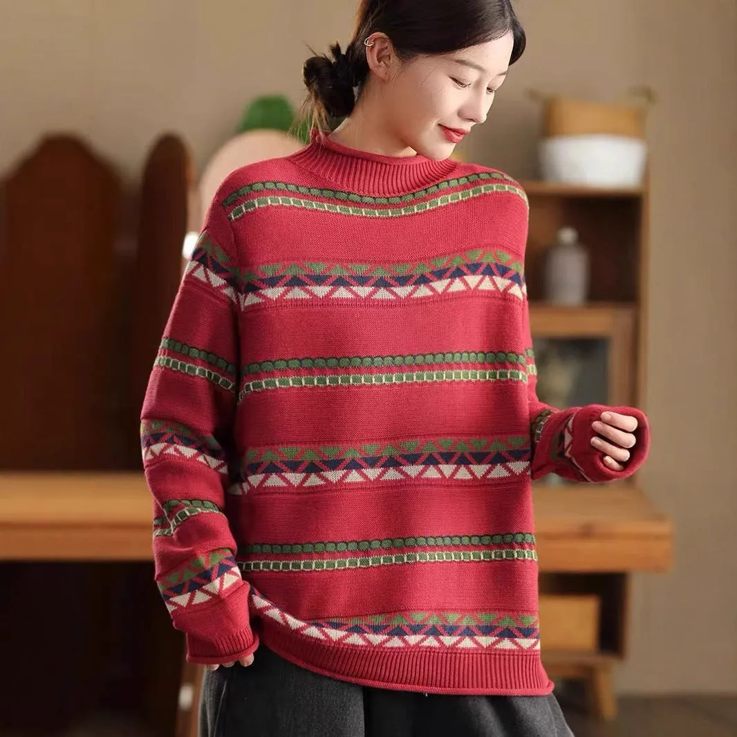 Cozy Striped High Collar Pullover Sweater for Women