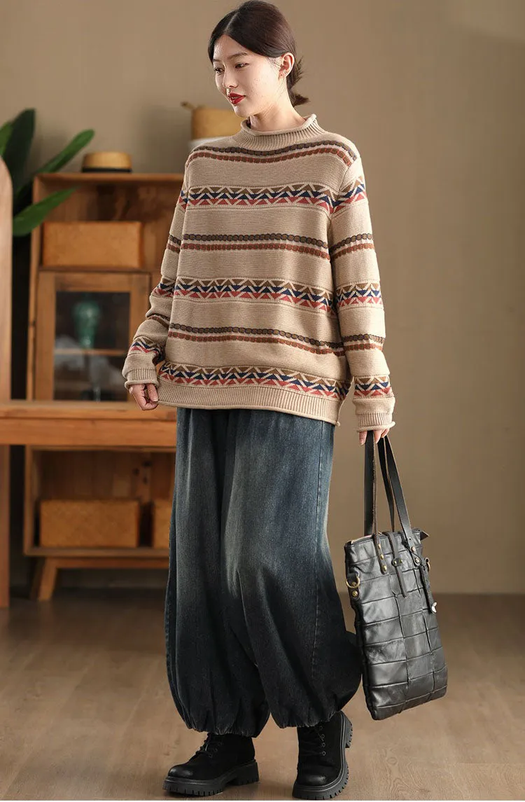 Cozy Striped High Collar Pullover Sweater for Women