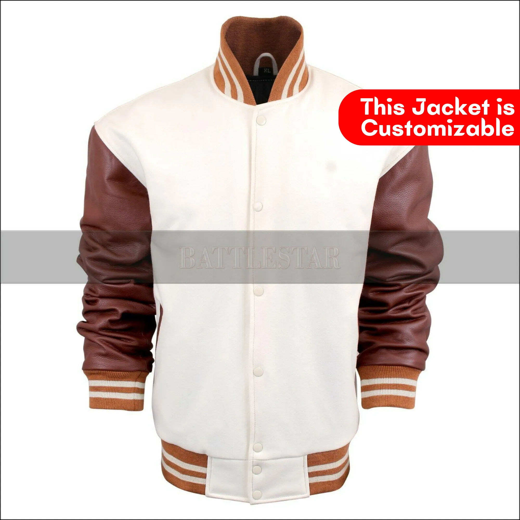 Cream Wool Brown Leather Sleeves Varsity Baseball Jacket