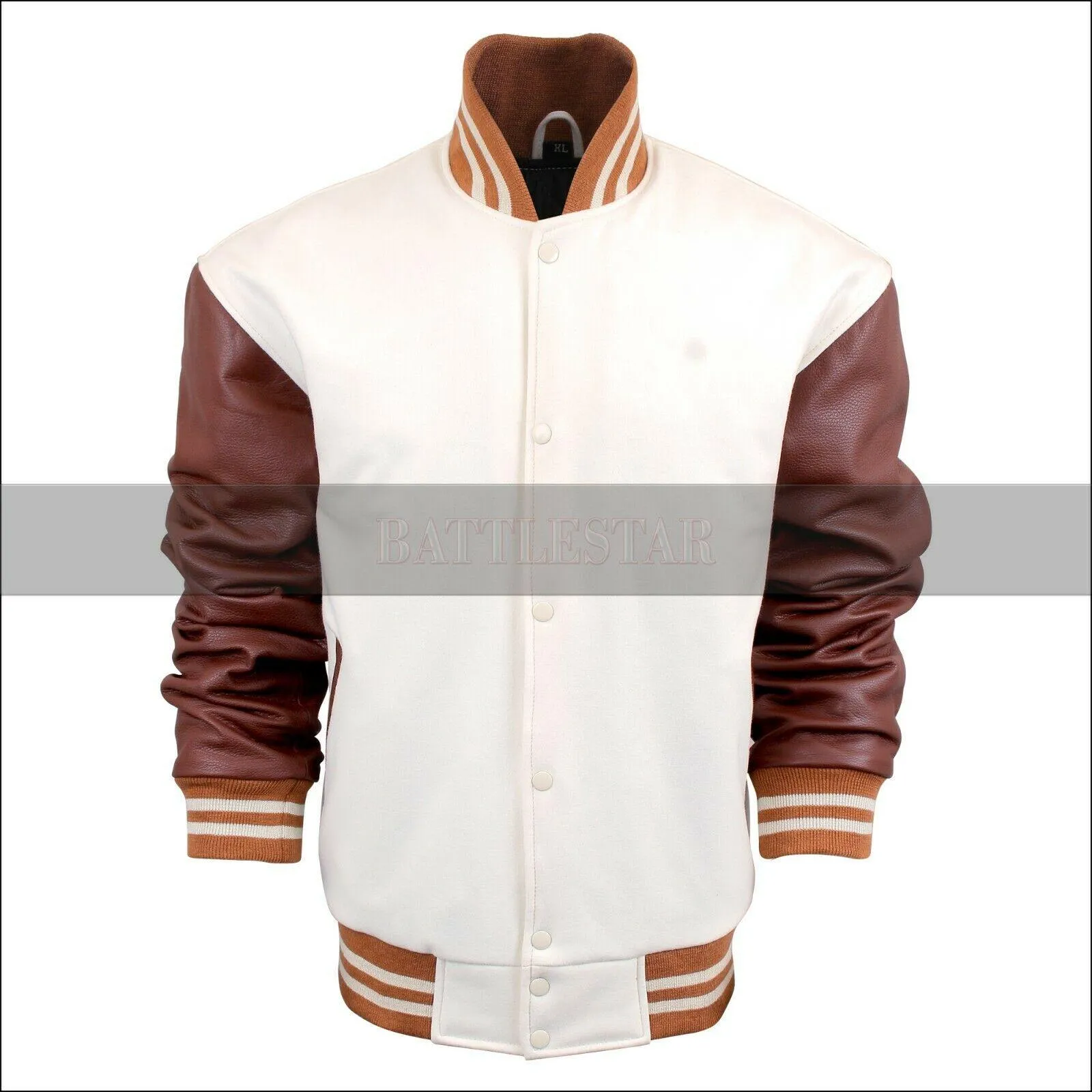 Cream Wool Brown Leather Sleeves Varsity Baseball Jacket