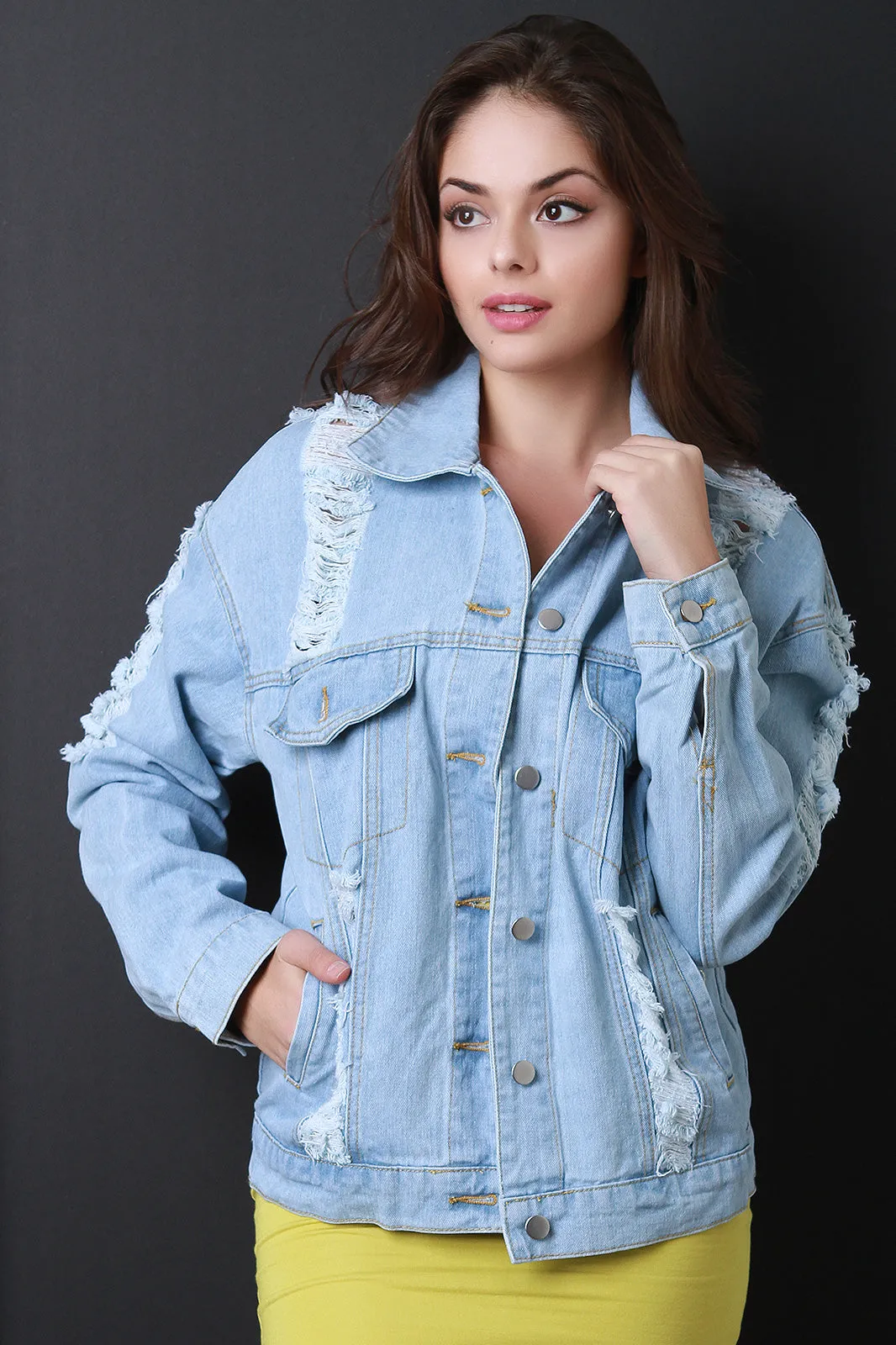 Distressed Lace Up Back Denim Jacket