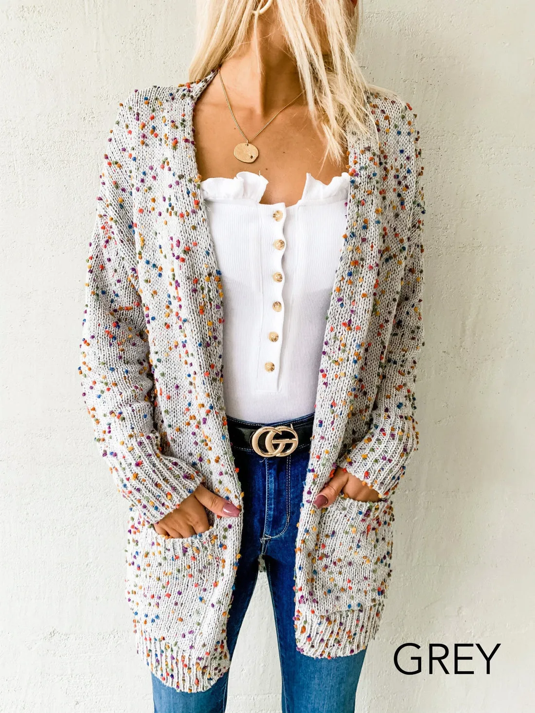 Dotted Multicolor Cream Knit Long Sleeve Cardigan