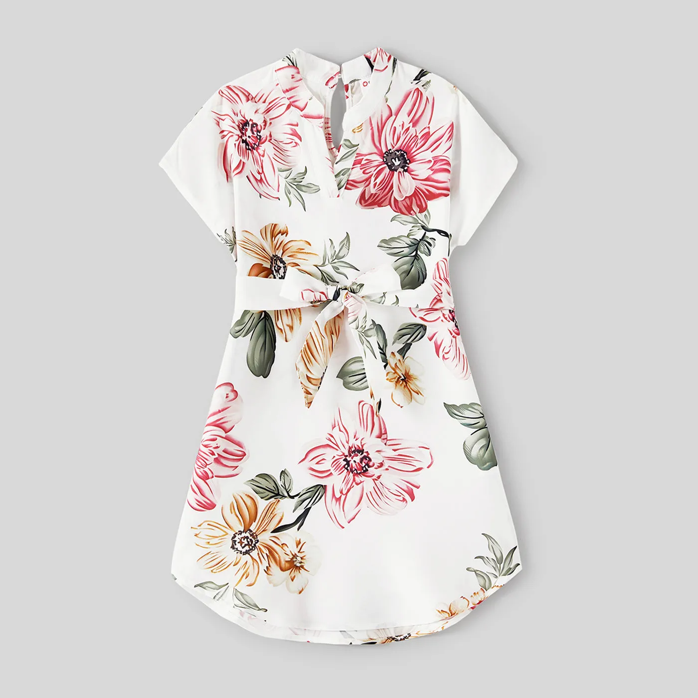 Family Matching Allover Floral Print Notched Neck Belted Dresses and Short-sleeve Colorblock T-shirts Sets