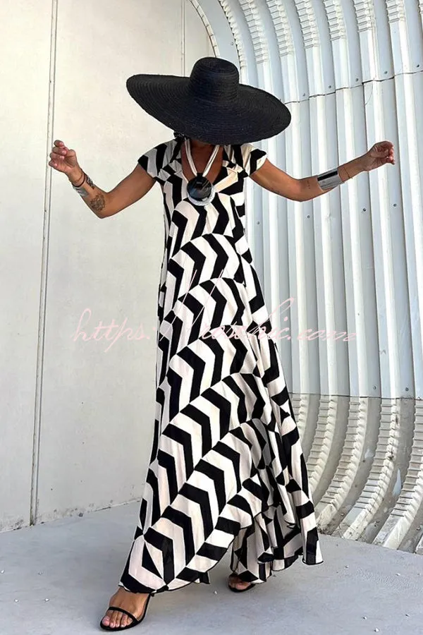 Fresh Breeze Ethnic Unique Print Ruffle Sleeve A-line Maxi Dress