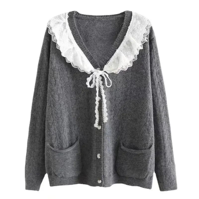 Girlary Long Sleeve Top Knitted Cute Sweaters Women Grey Elegant Cardidgans Button Up Front Tie Lace Trim Kawaii Knitwear Preppy Style