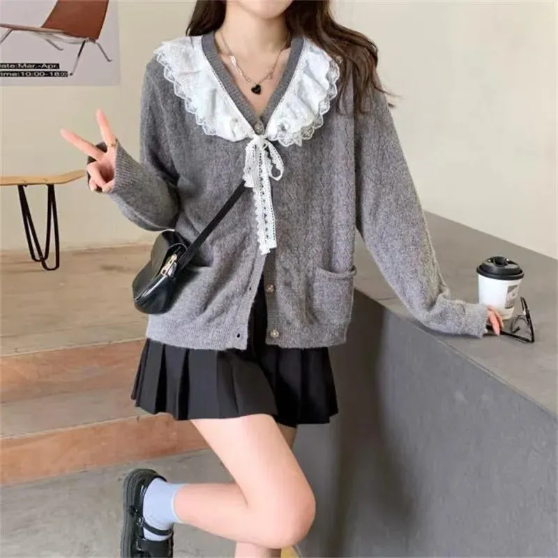 Girlary Long Sleeve Top Knitted Cute Sweaters Women Grey Elegant Cardidgans Button Up Front Tie Lace Trim Kawaii Knitwear Preppy Style