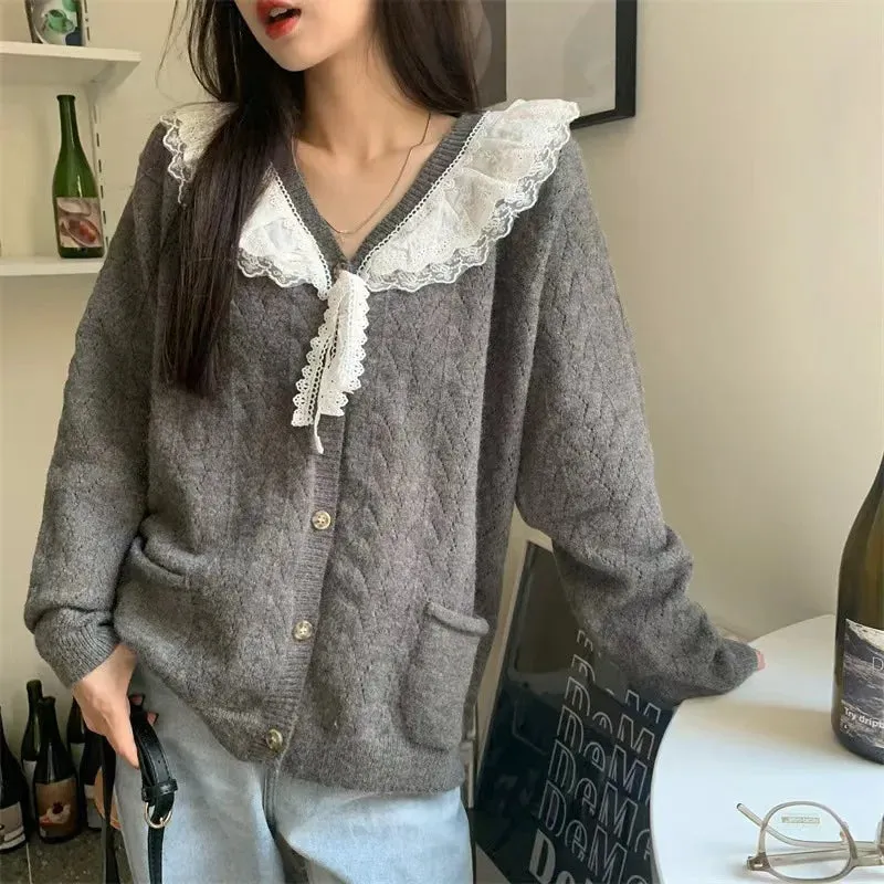 Girlary Long Sleeve Top Knitted Cute Sweaters Women Grey Elegant Cardidgans Button Up Front Tie Lace Trim Kawaii Knitwear Preppy Style