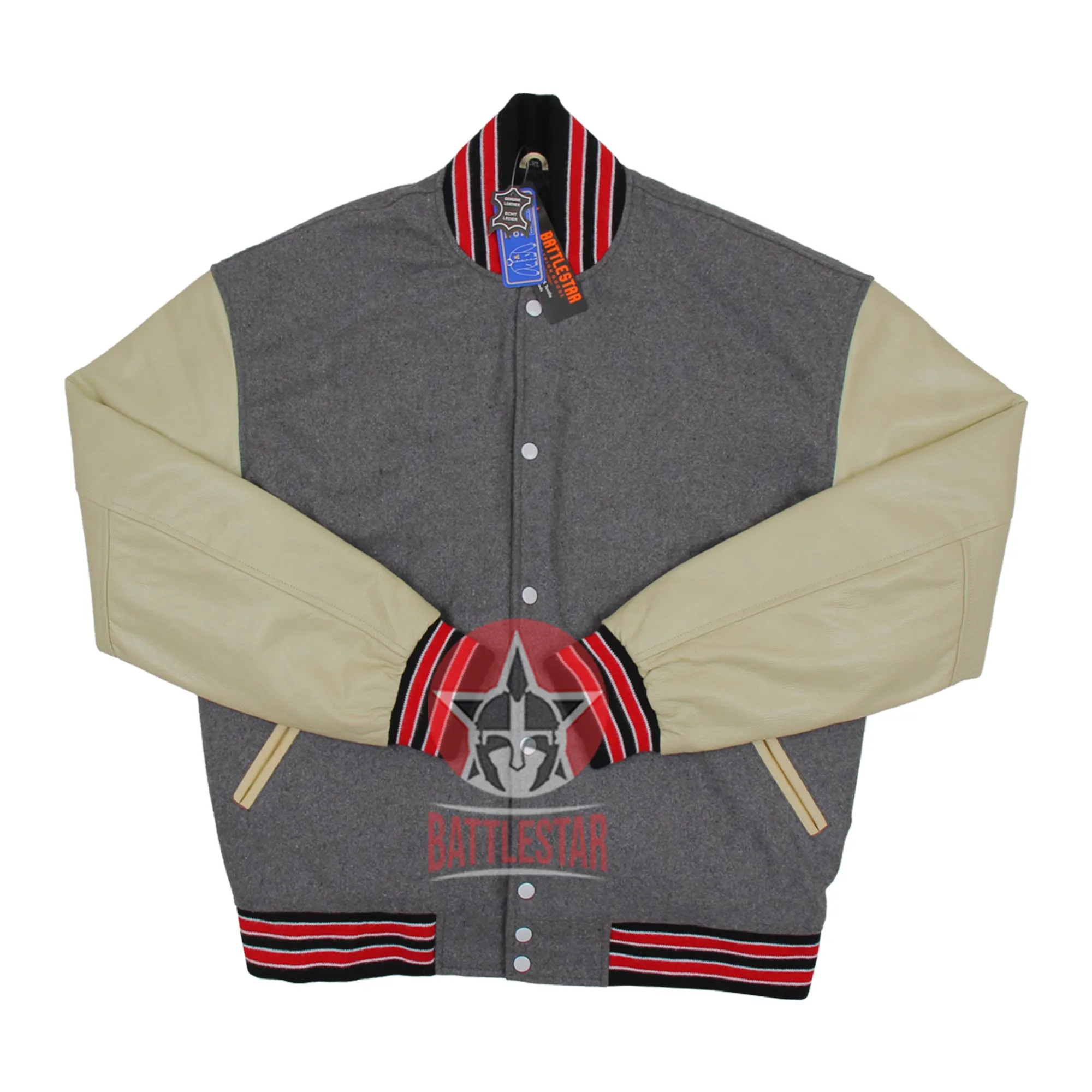 Gray Wool Cream Leather Sleeves Varsity Baseball Jacket