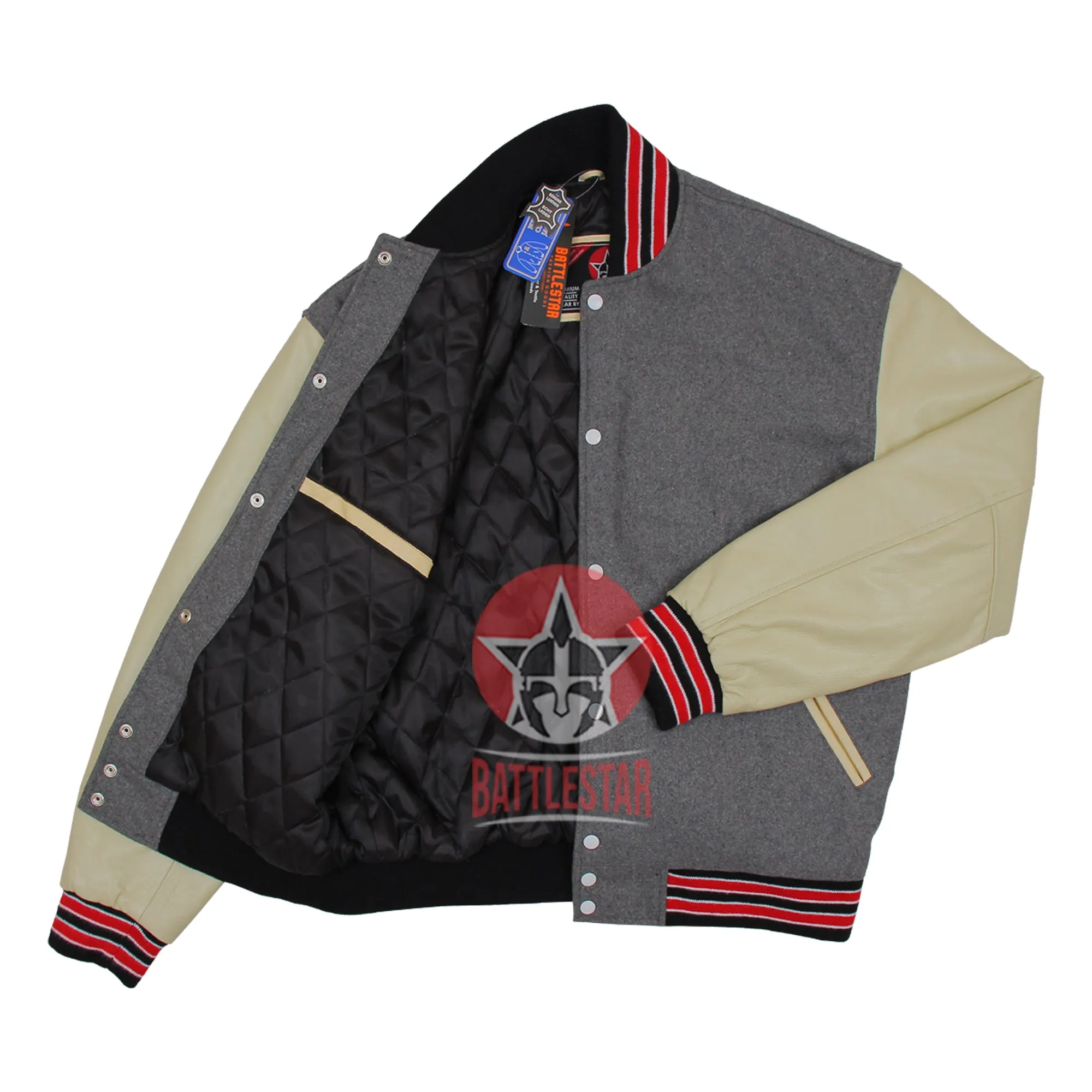 Gray Wool Cream Leather Sleeves Varsity Baseball Jacket