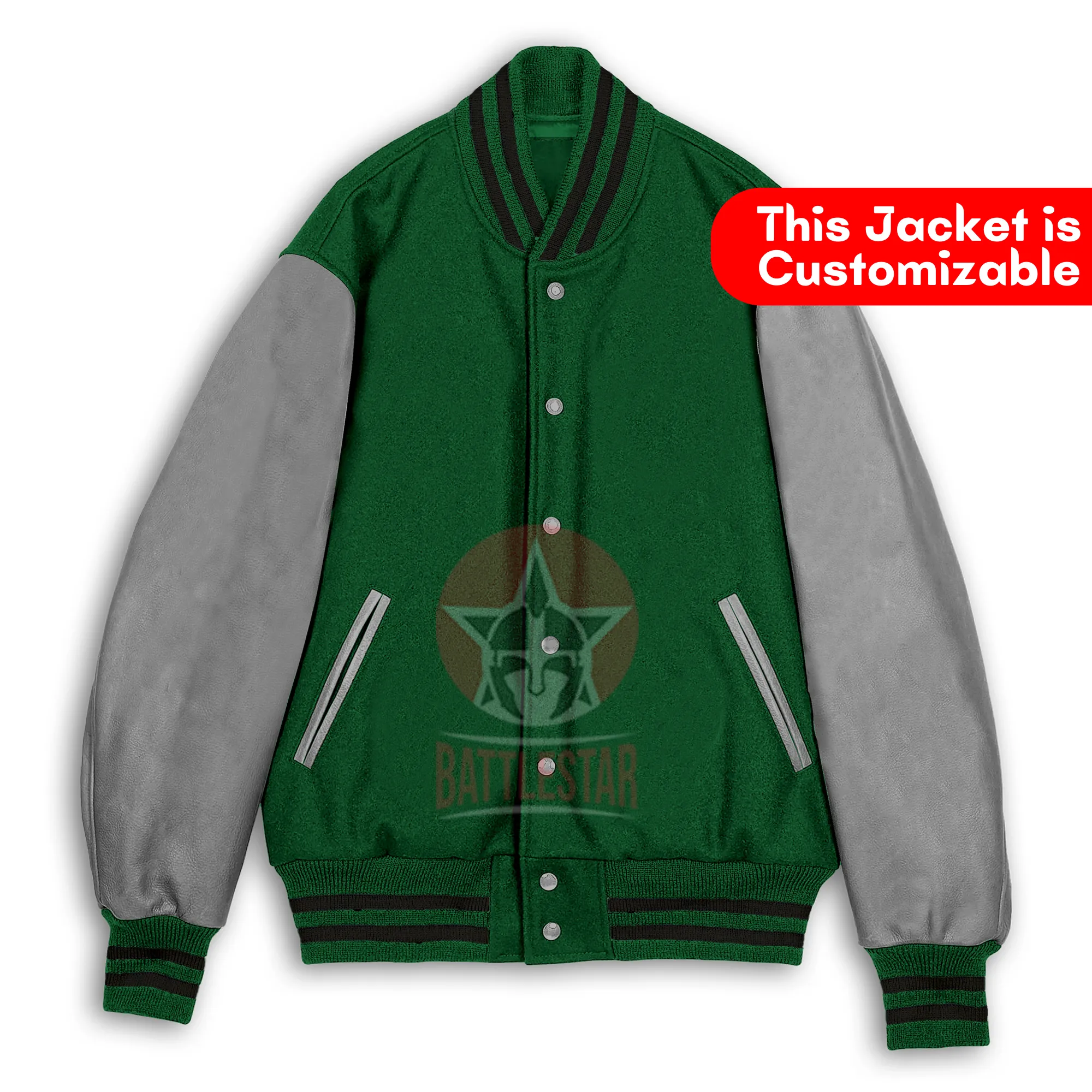 Green Wool Gray Leather Sleeves Varsity Jacket