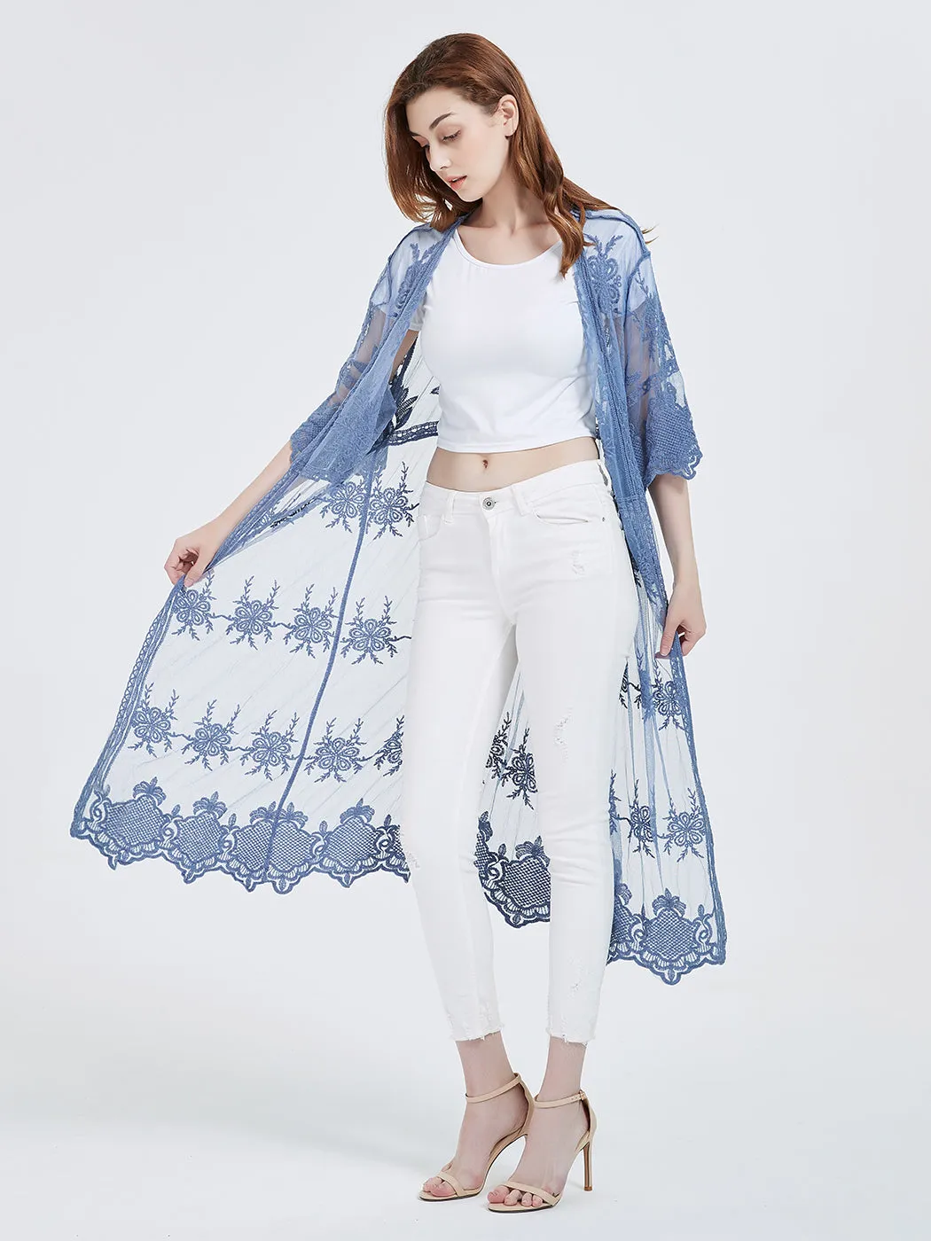 Long Floral Lace Embroidered Kimono