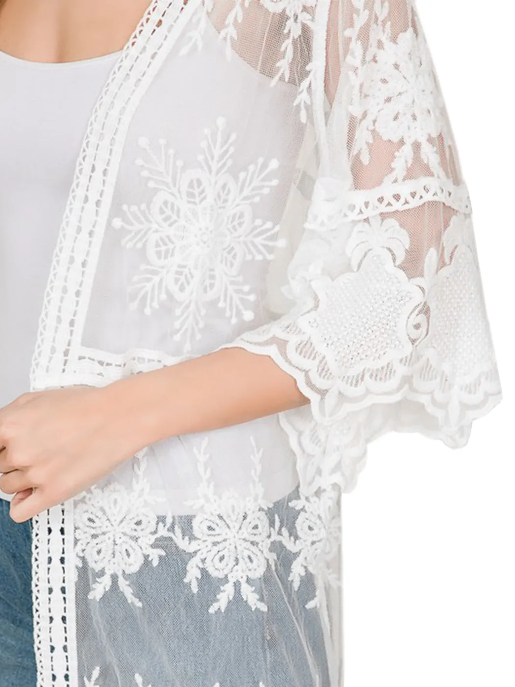 Long Floral Lace Embroidered Kimono