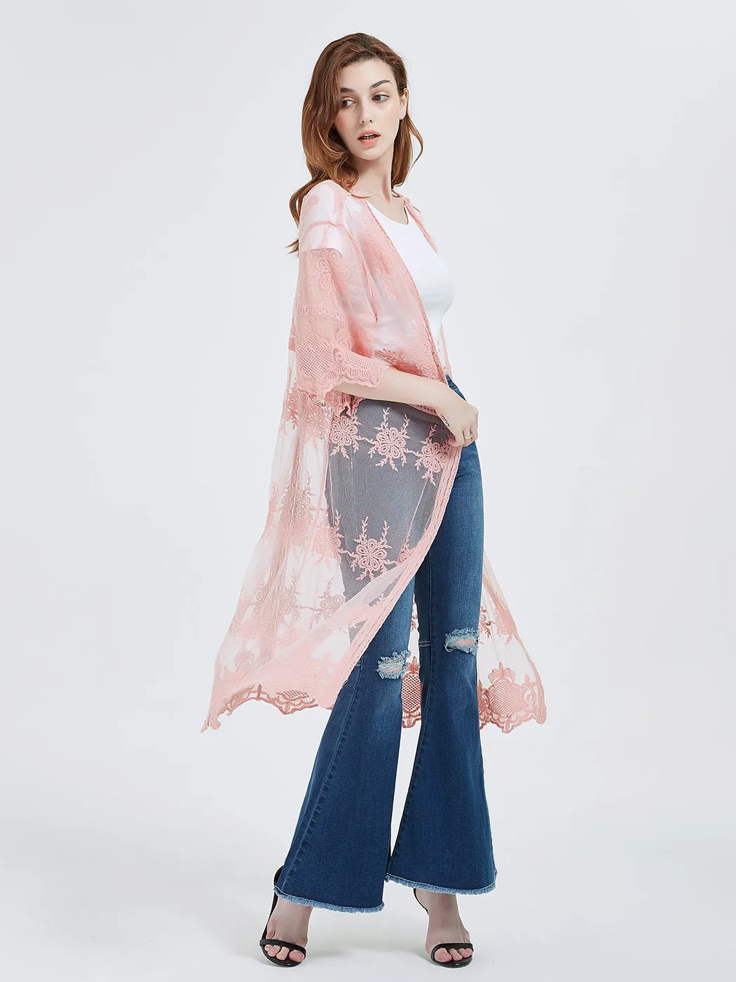 Long Floral Lace Embroidered Kimono