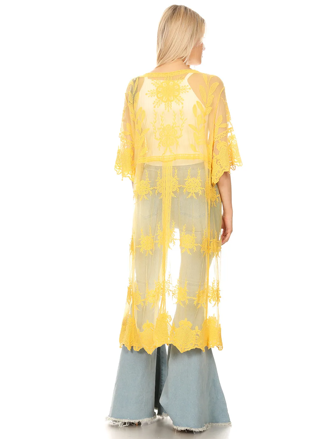 Long Floral Lace Embroidered Kimono