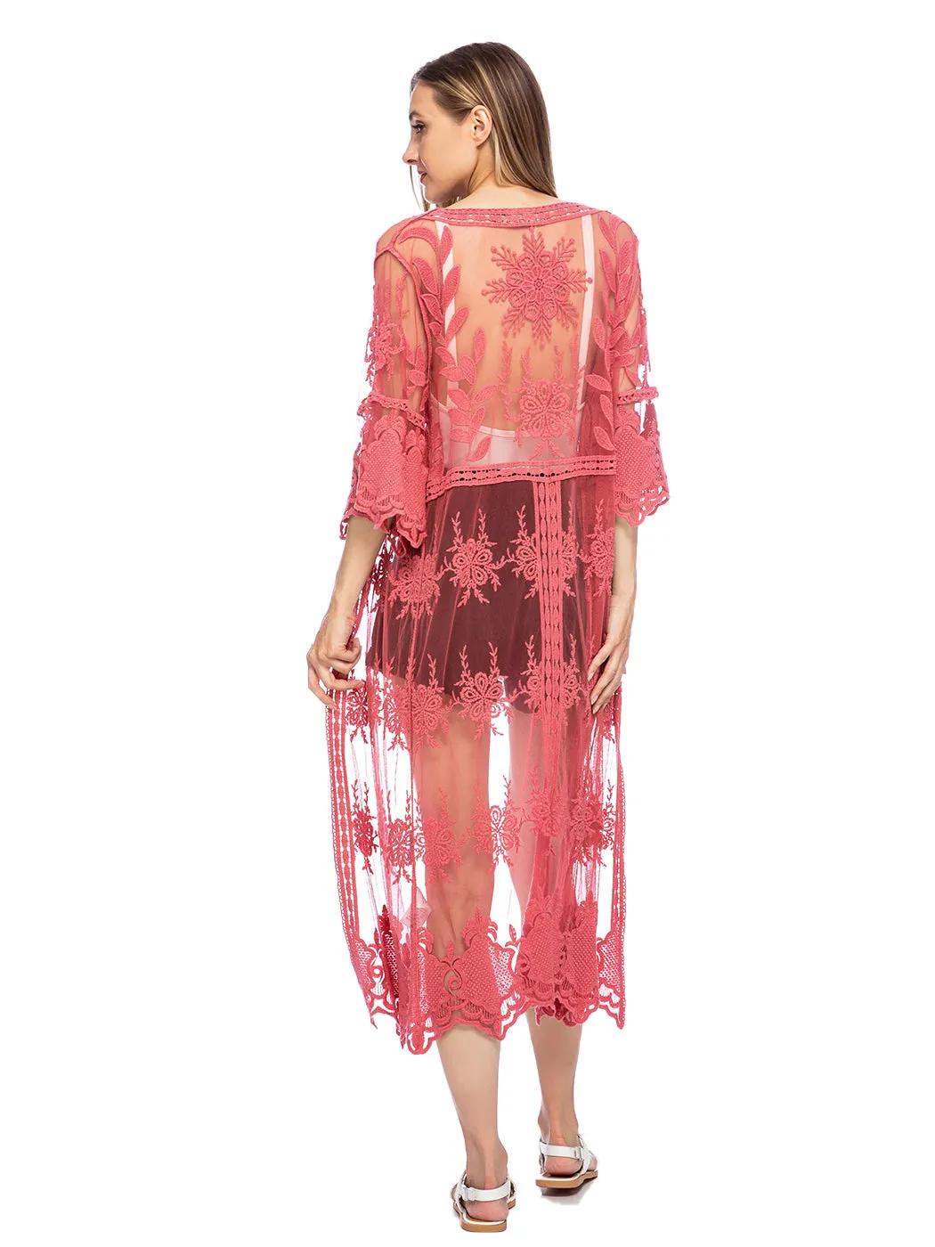 Long Floral Lace Embroidered Kimono