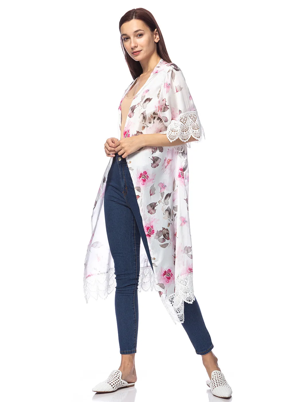 Long Floral Lace Embroidered Kimono