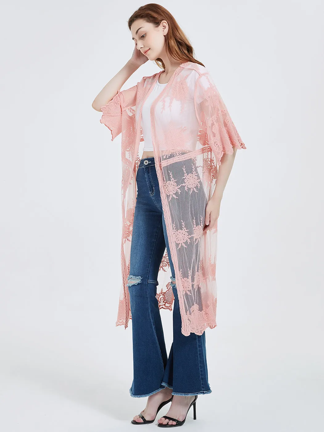 Long Floral Lace Embroidered Kimono