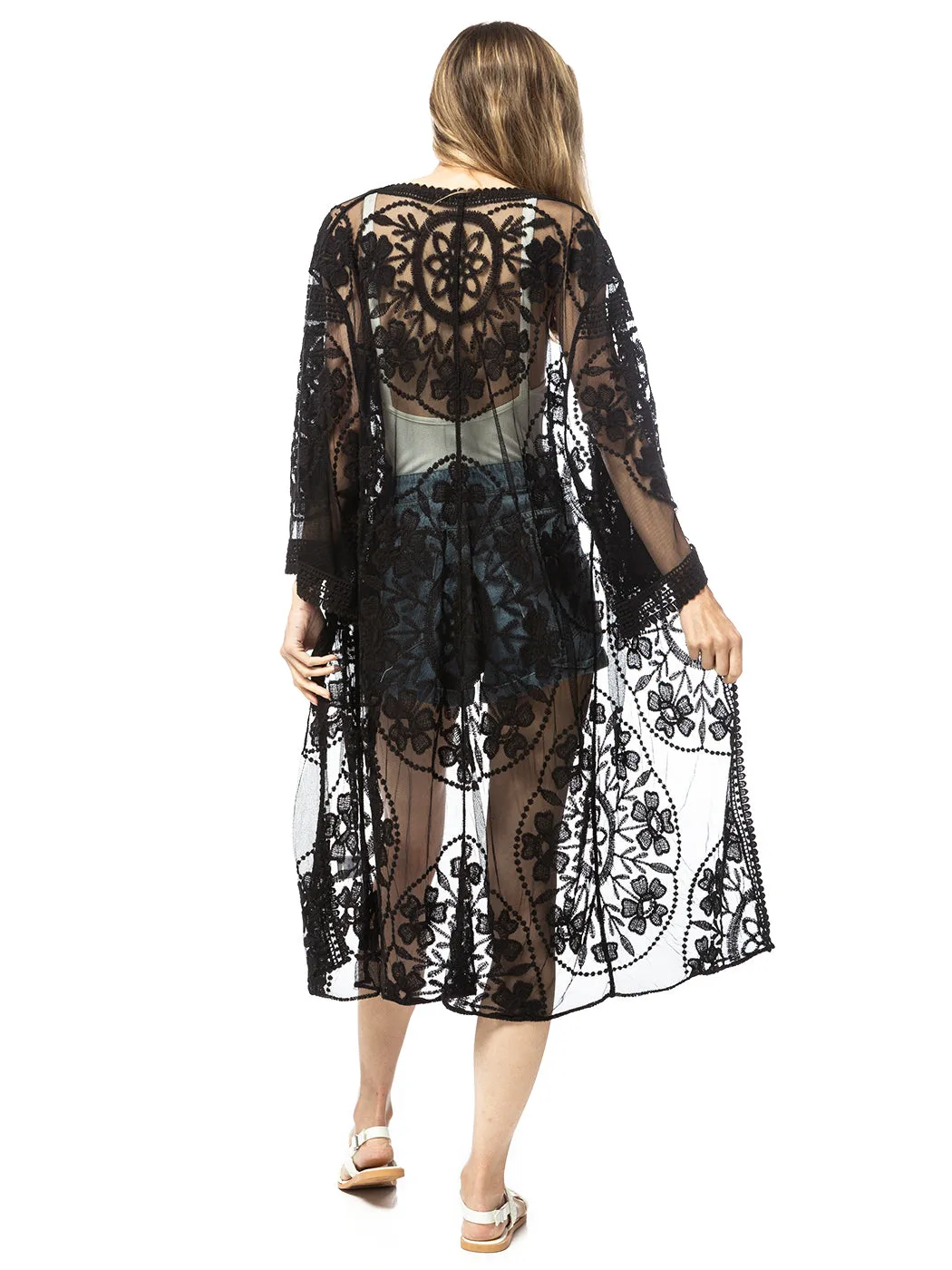 Long Floral Lace Embroidered Kimono