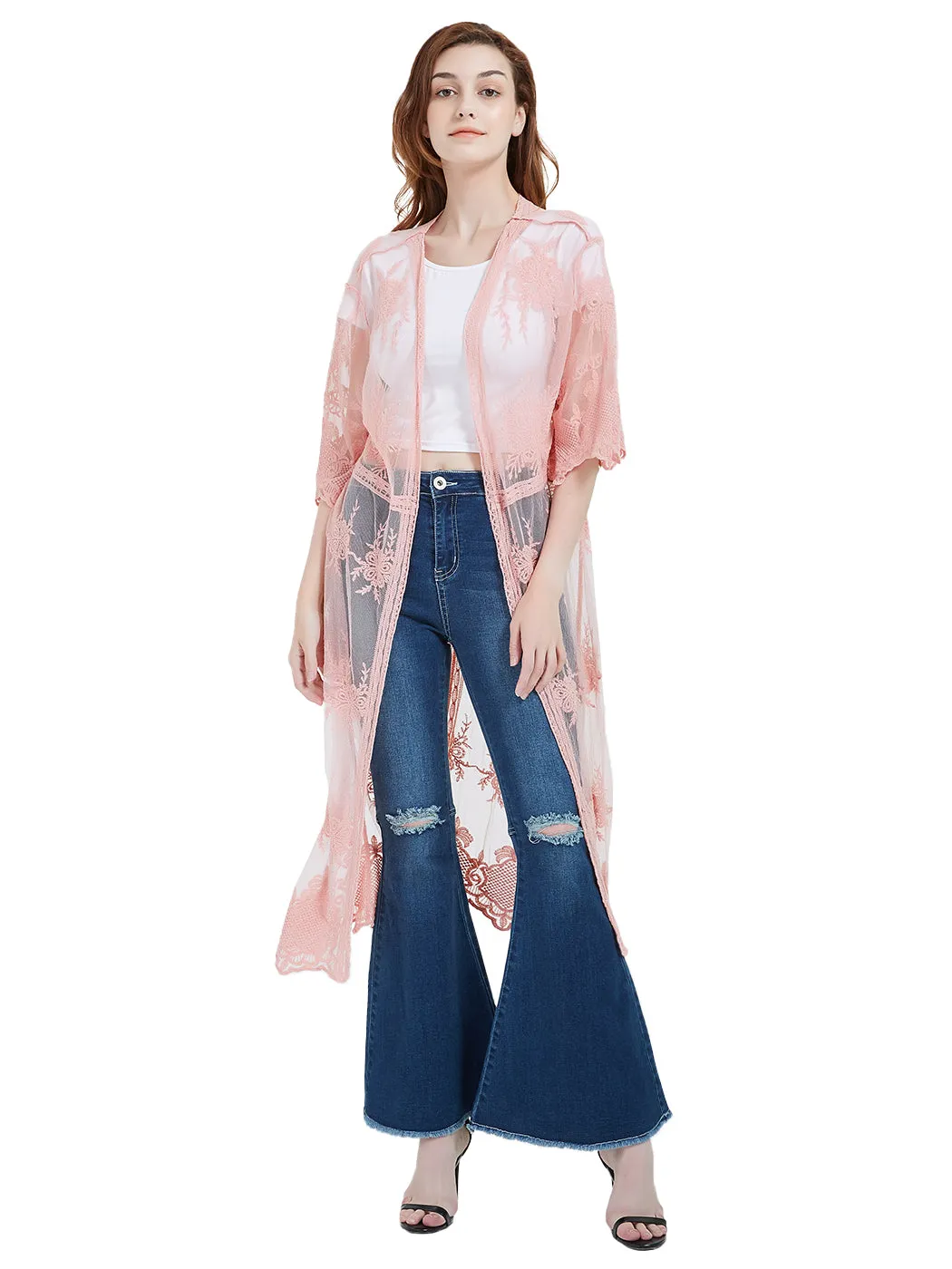 Long Floral Lace Embroidered Kimono