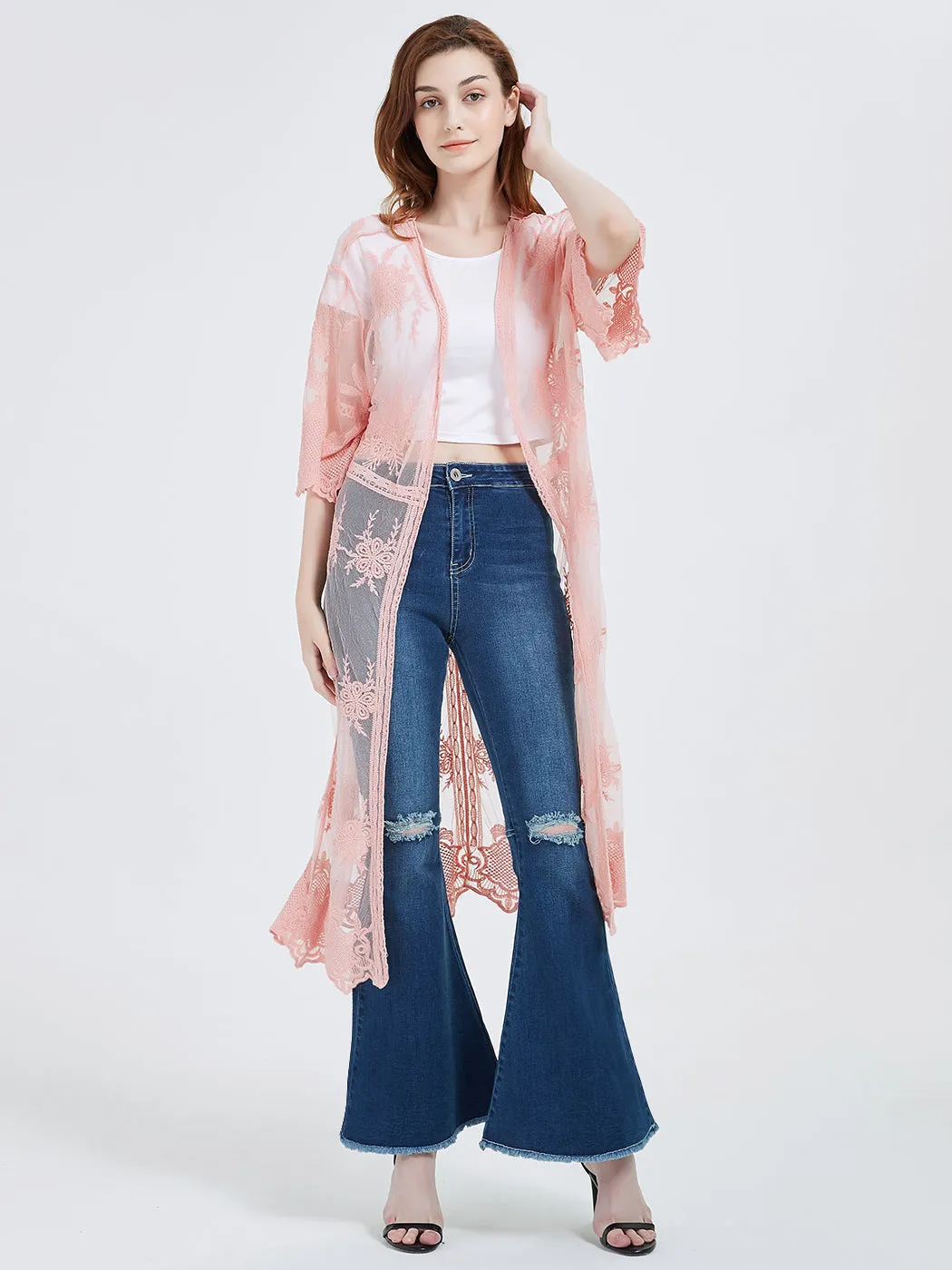 Long Floral Lace Embroidered Kimono