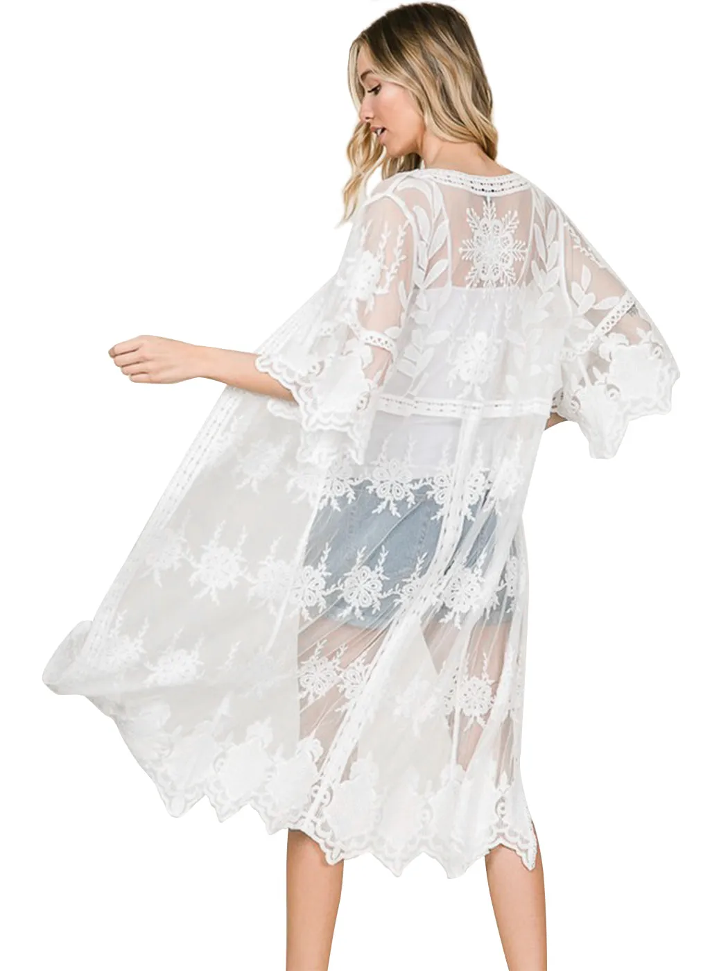 Long Floral Lace Embroidered Kimono