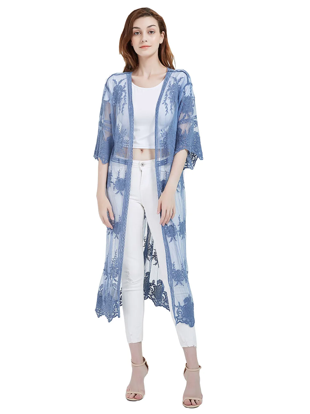 Long Floral Lace Embroidered Kimono