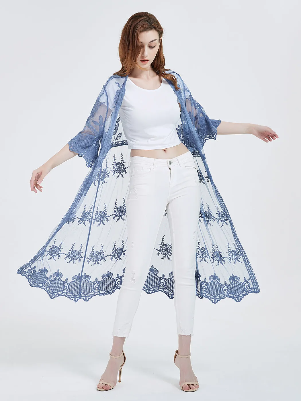 Long Floral Lace Embroidered Kimono