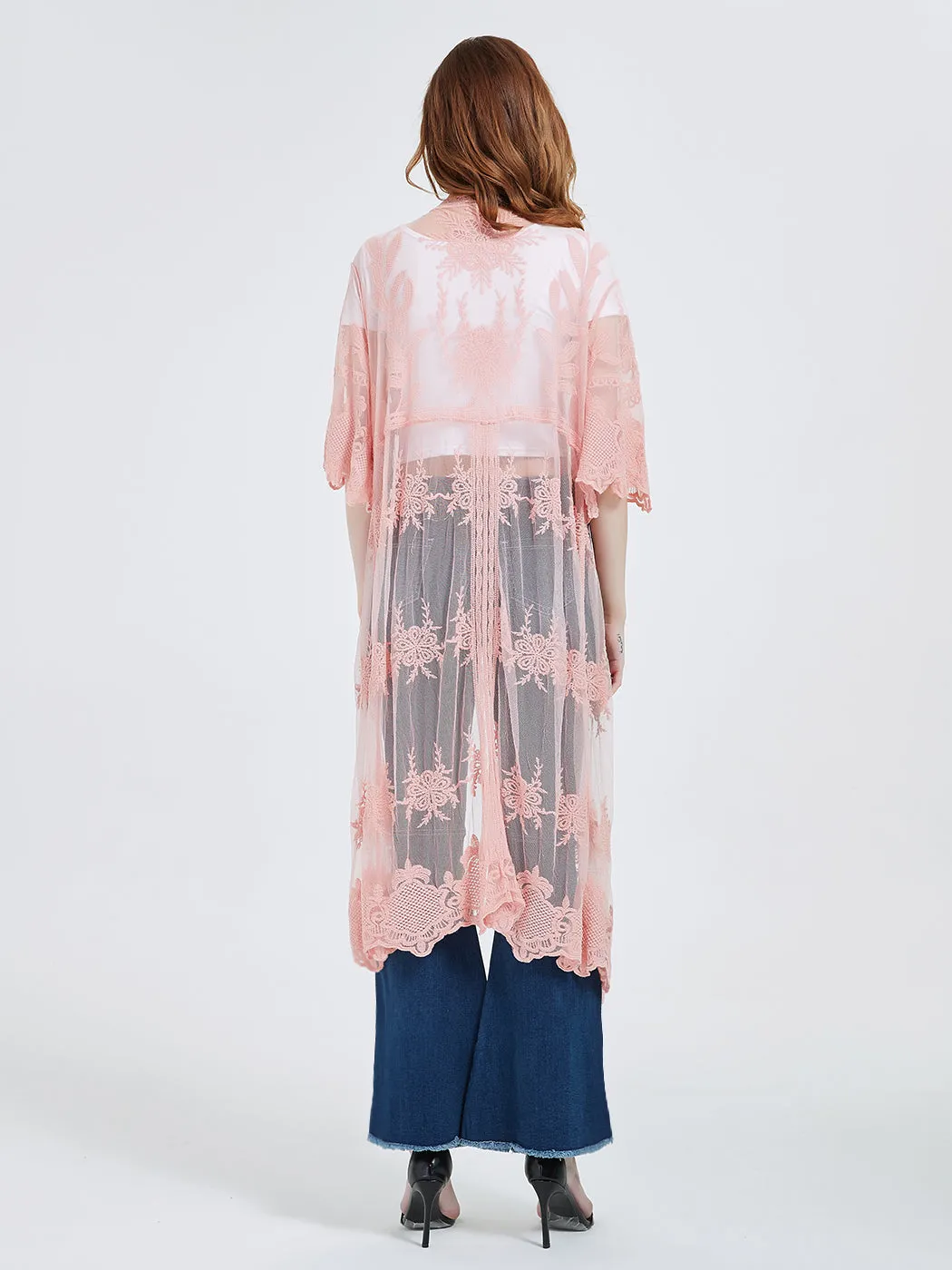 Long Floral Lace Embroidered Kimono