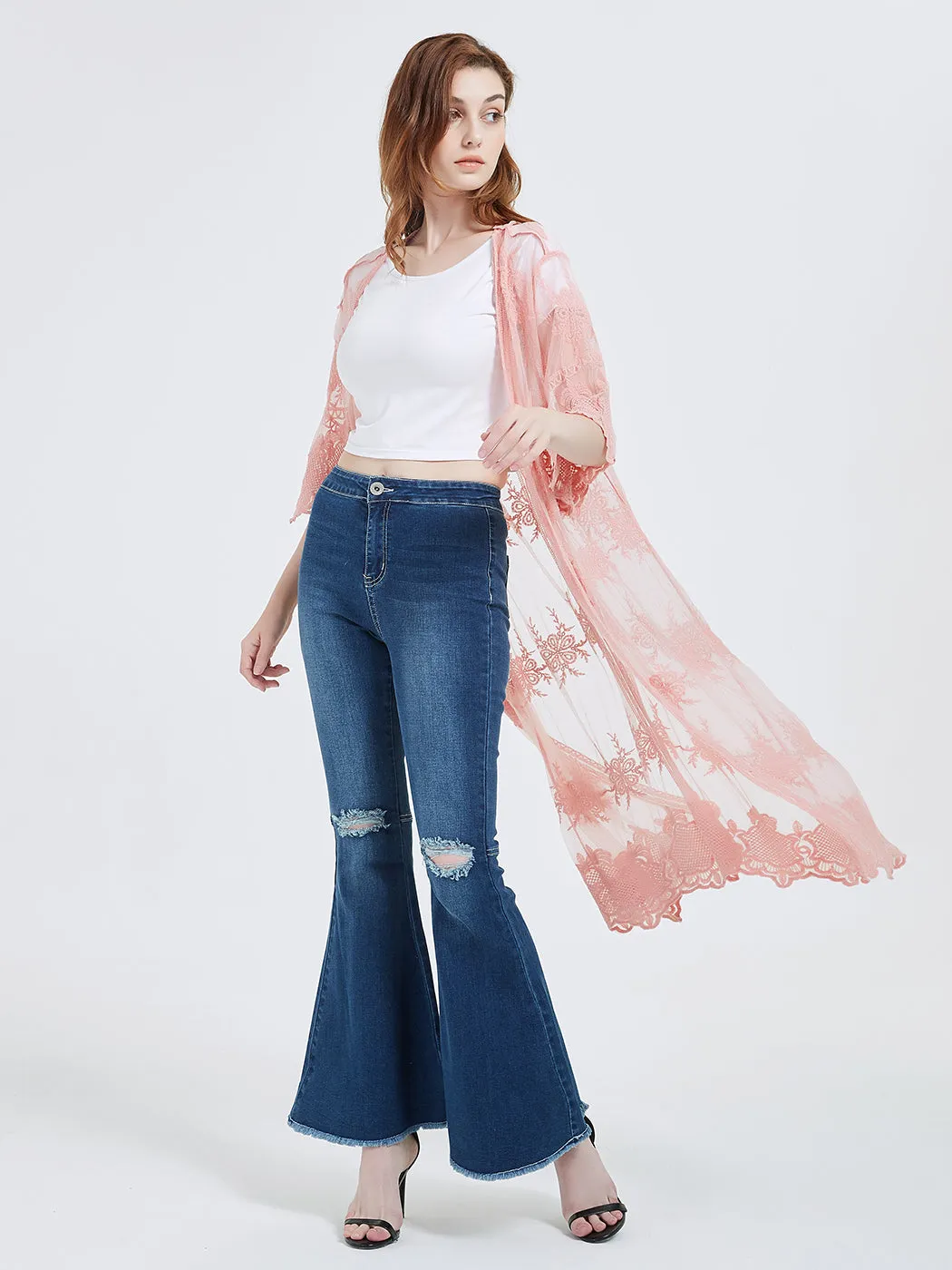 Long Floral Lace Embroidered Kimono