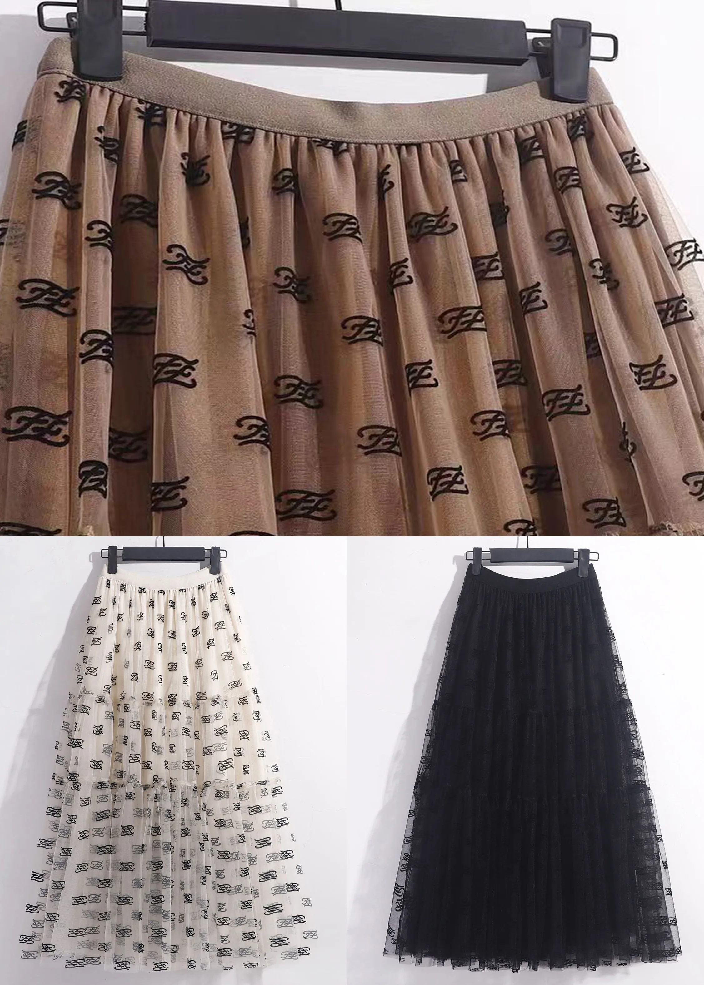 Loose Beige Print Elastic Waist Tulle Skirt Summer AS1093