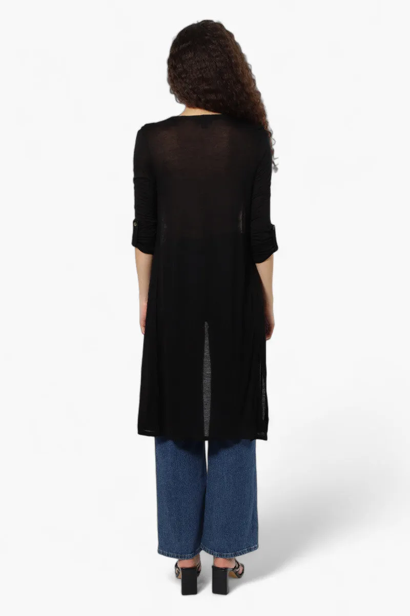 Magazine Roll Up Sleeve Open Duster Cardigan - Black