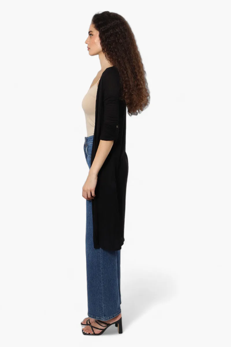 Magazine Roll Up Sleeve Open Duster Cardigan - Black