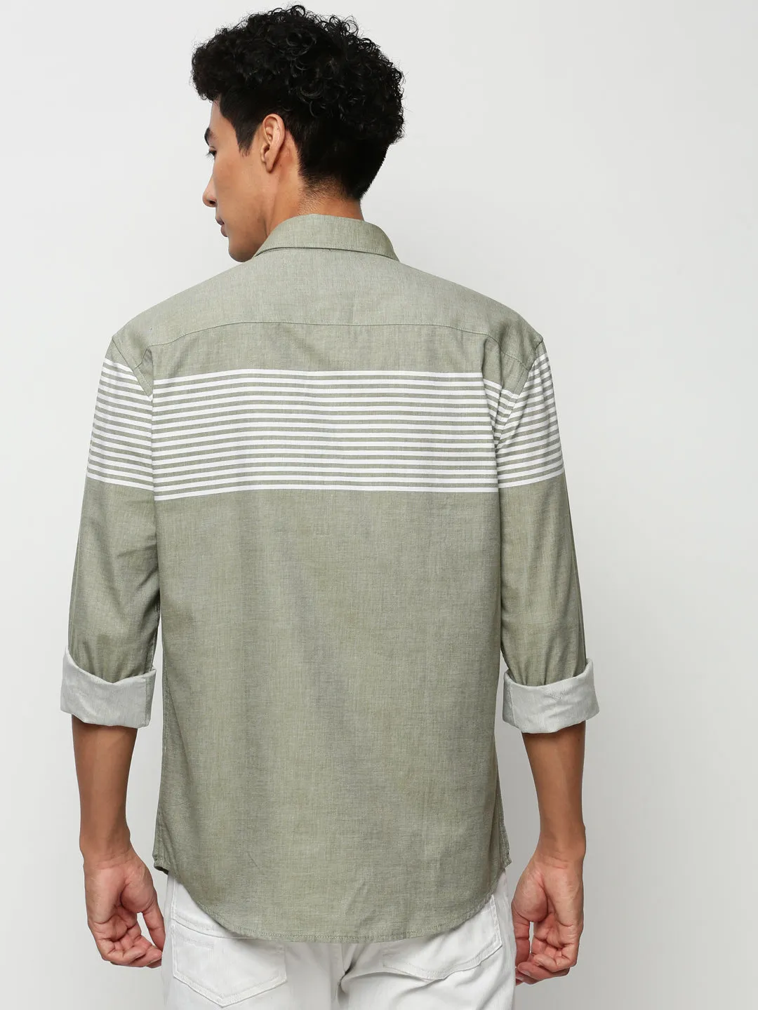 Men Green Striped Casual Casual Shirts