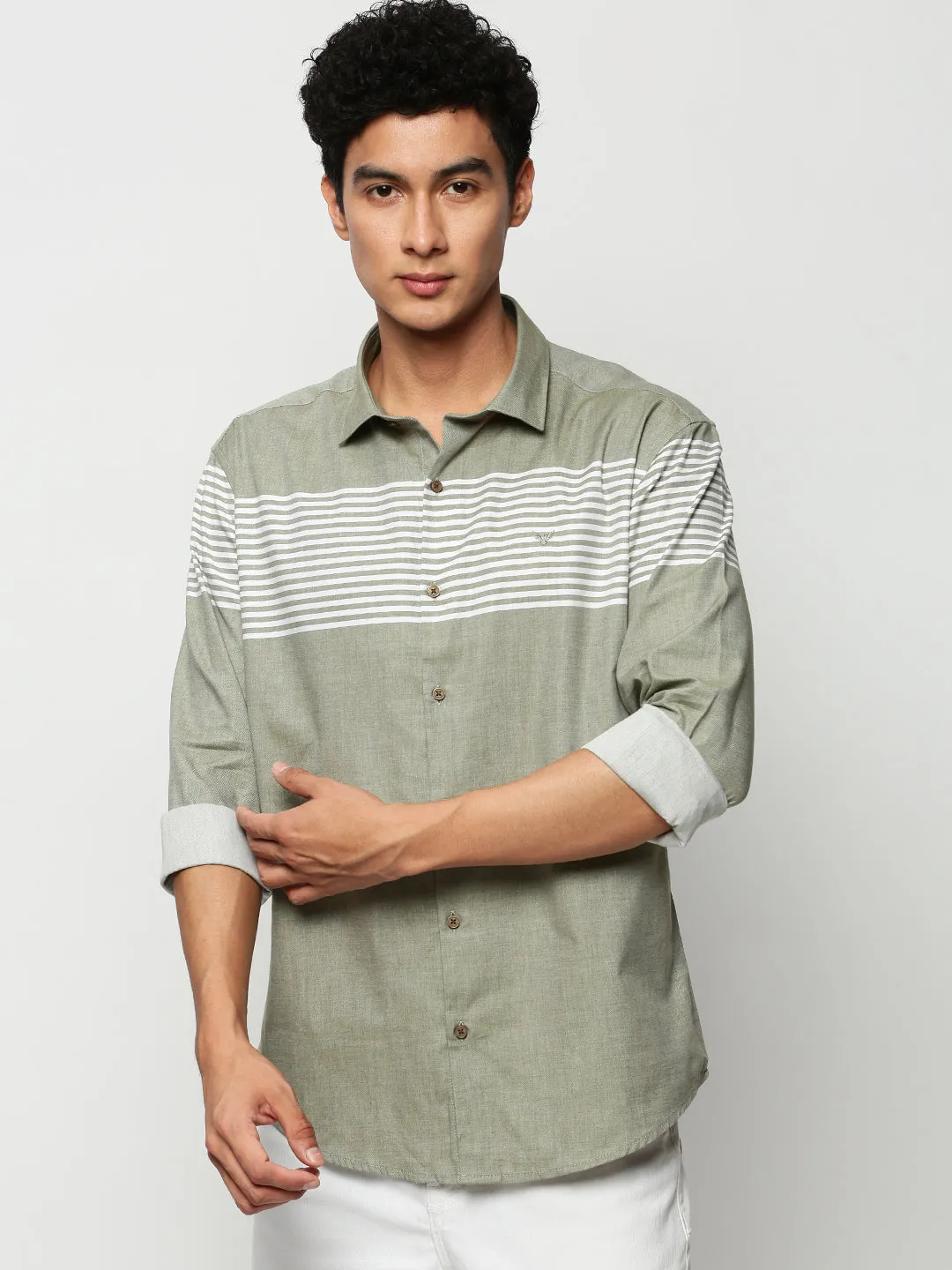 Men Green Striped Casual Casual Shirts