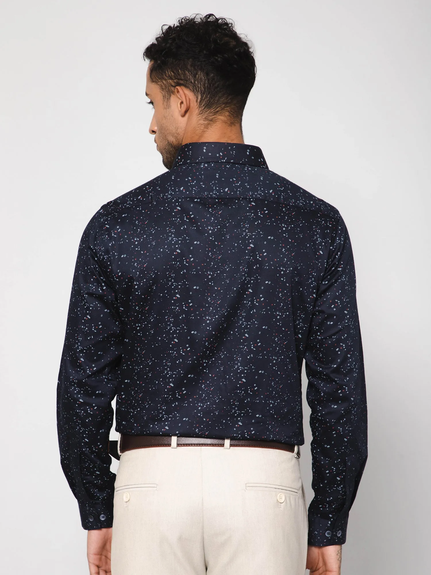 Men's Navy Blue Party Abstract Ditsy Print Full Sleeve Shirt