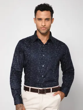 Men's Navy Blue Party Abstract Ditsy Print Full Sleeve Shirt