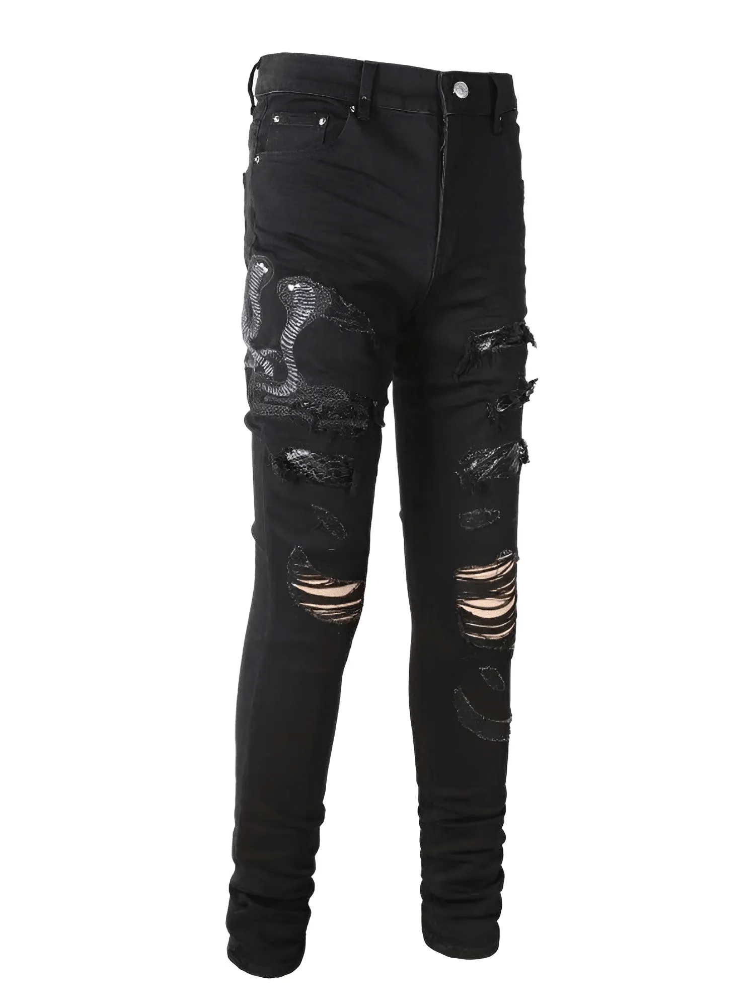 Men's Snake Embroidery Jeans Skinny Tapered Stretch Streetwear Denim Pants With Rips