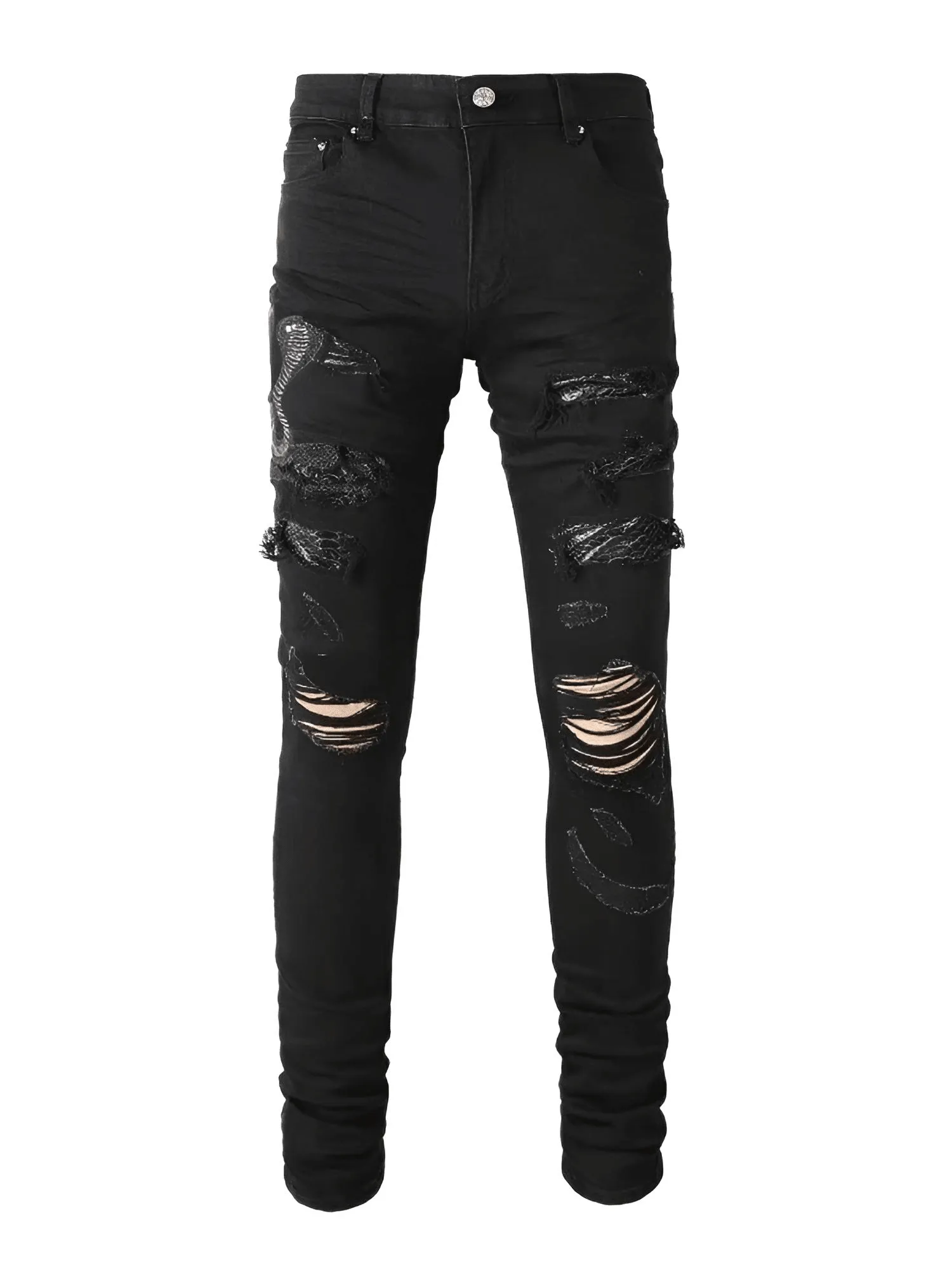 Men's Snake Embroidery Jeans Skinny Tapered Stretch Streetwear Denim Pants With Rips