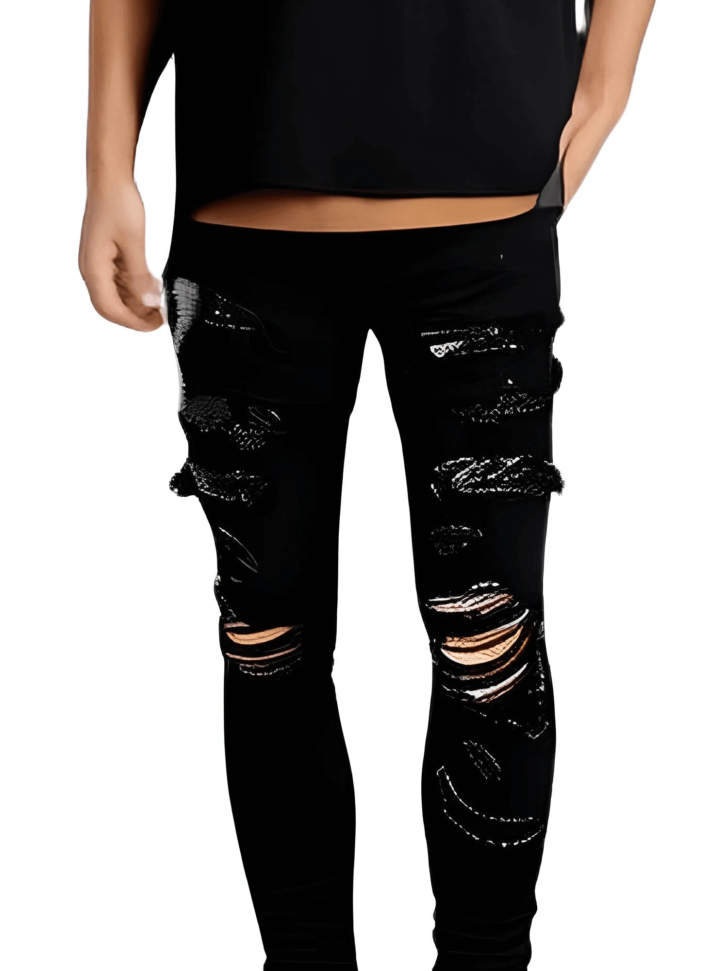 Men's Snake Embroidery Jeans Skinny Tapered Stretch Streetwear Denim Pants With Rips