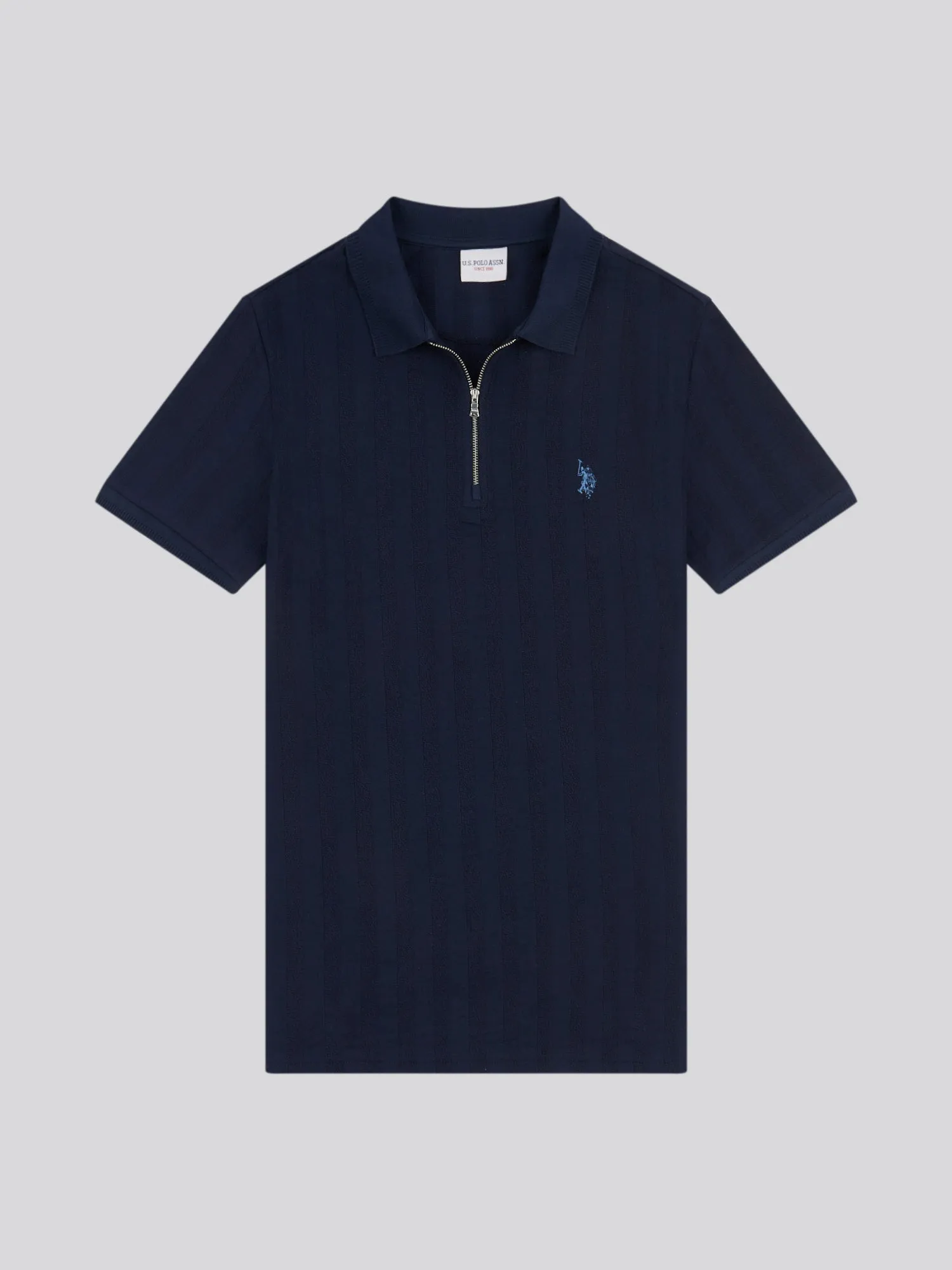 Mens Stripe Textured Zip Polo Shirt in Dark Sapphire Navy / Moonlight Blue DHM