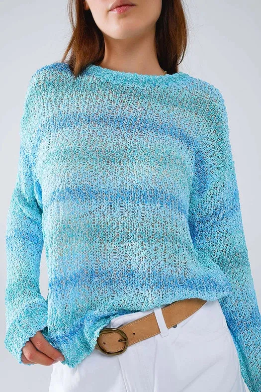 Open Knit Stripey Crew Neck Sweater in Shades of Blue