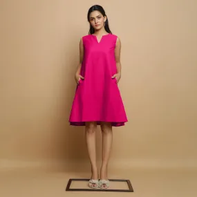 Pink Cotton Poplin Hand Embroidered Knee-Length Godet Dress