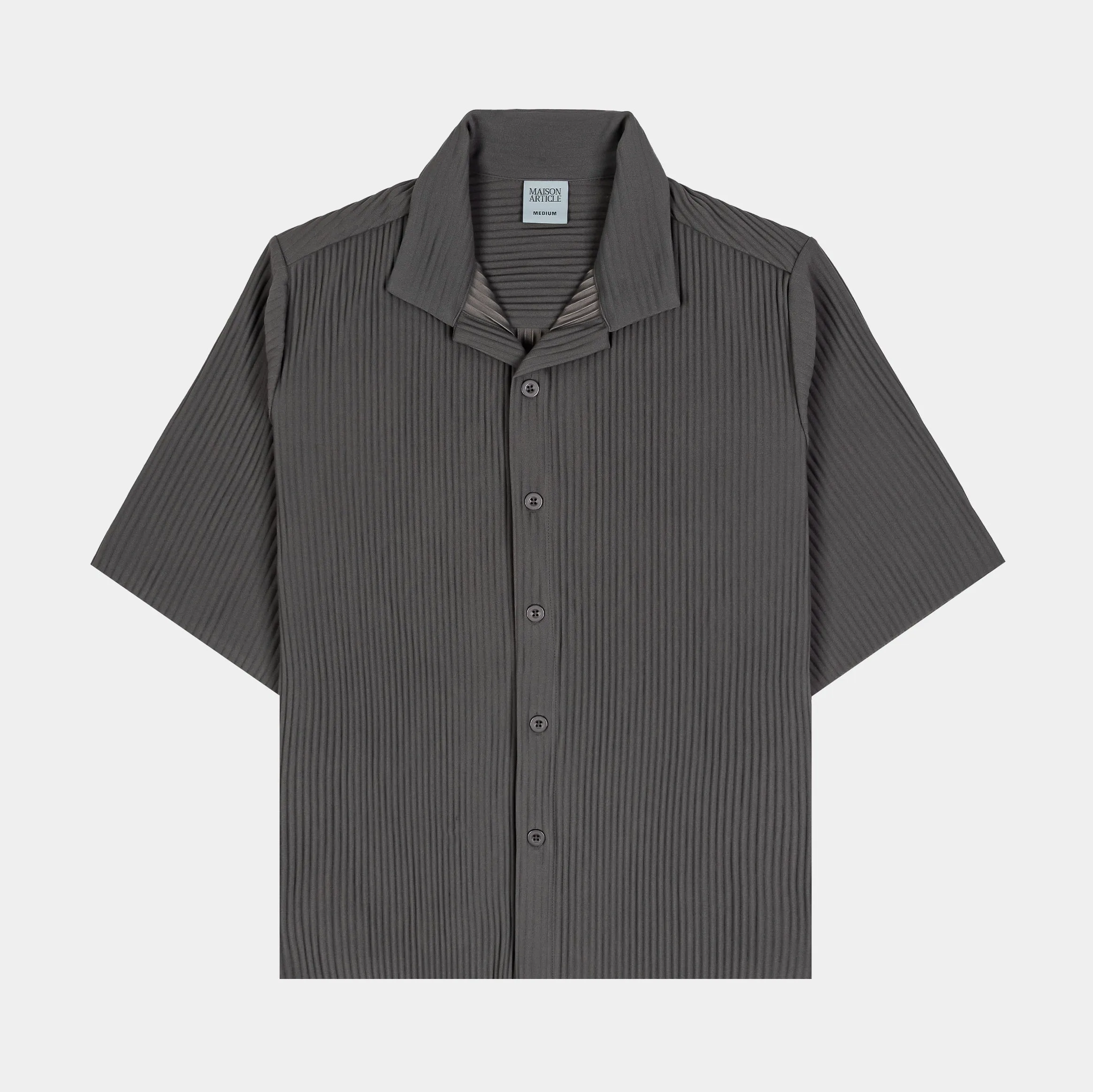 Pleated Button Up Mens Short Sleeve Shirt (Grey)