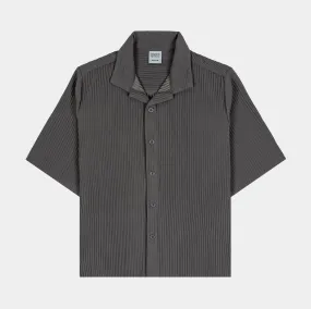 Pleated Button Up Mens Short Sleeve Shirt (Grey)