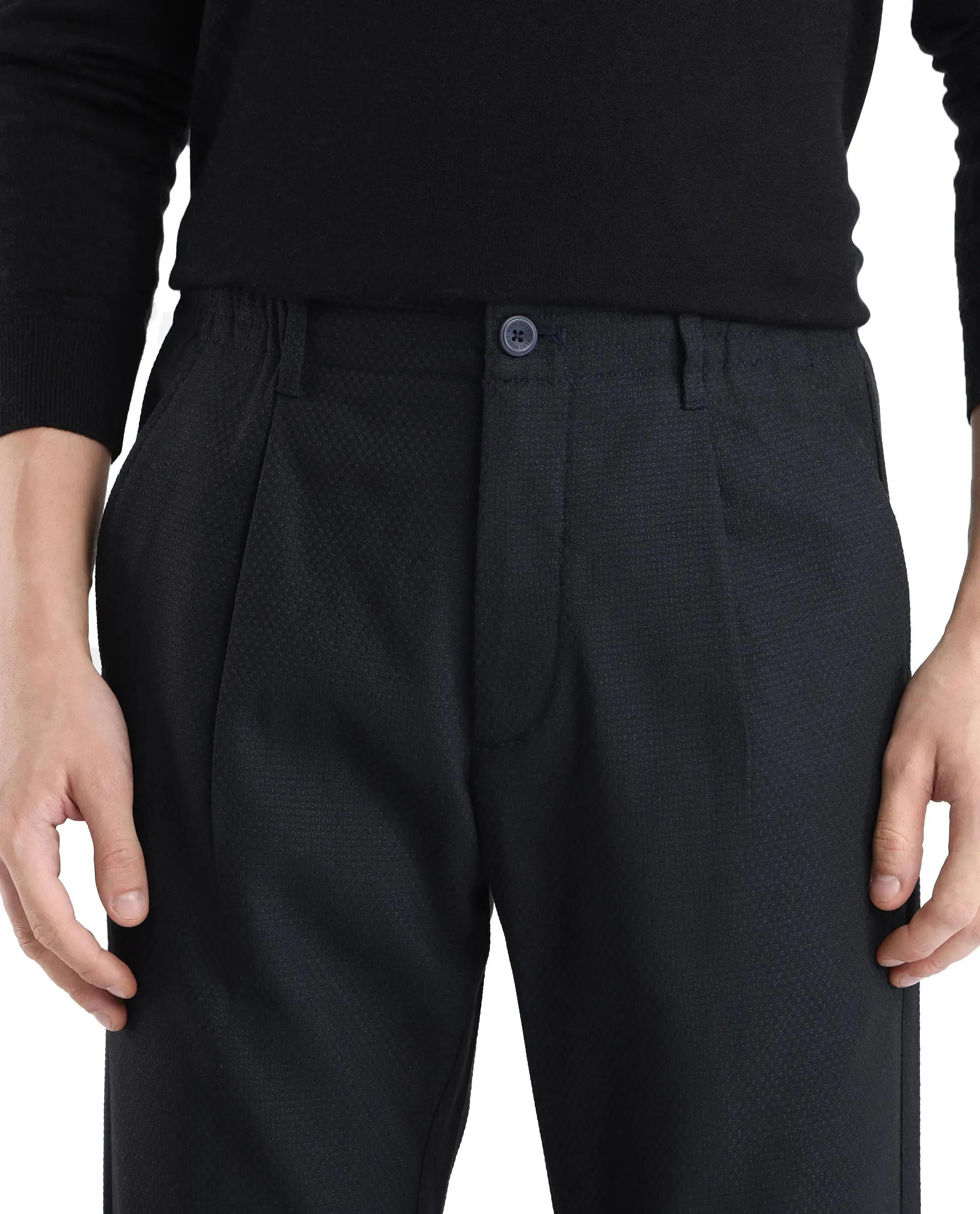 Rare Rabbit Men Tula Navy Cotton Fabric Relaxed Fit Elasticated Waistband Plain Trouser