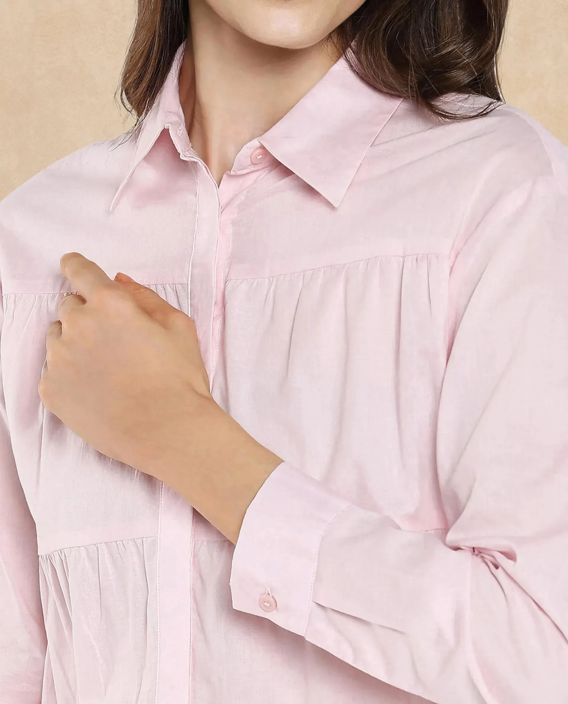 Rareism Women Towol Light Pink Cuffed Sleeve Collared Neck Button Closure Plain Top