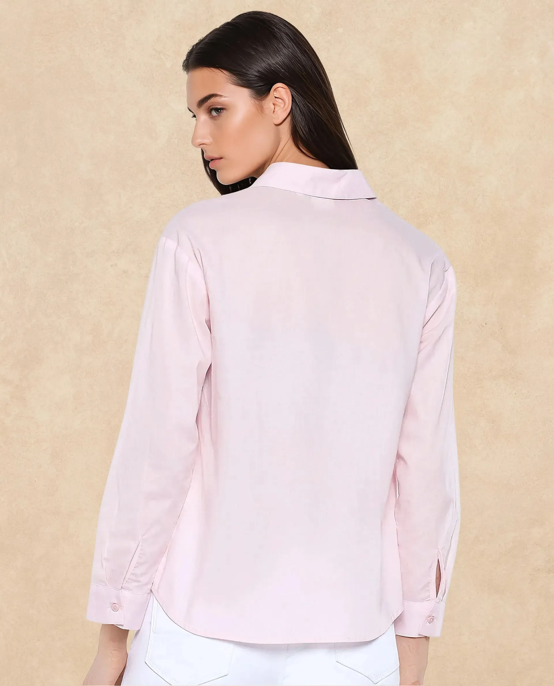 Rareism Women Towol Light Pink Cuffed Sleeve Collared Neck Button Closure Plain Top