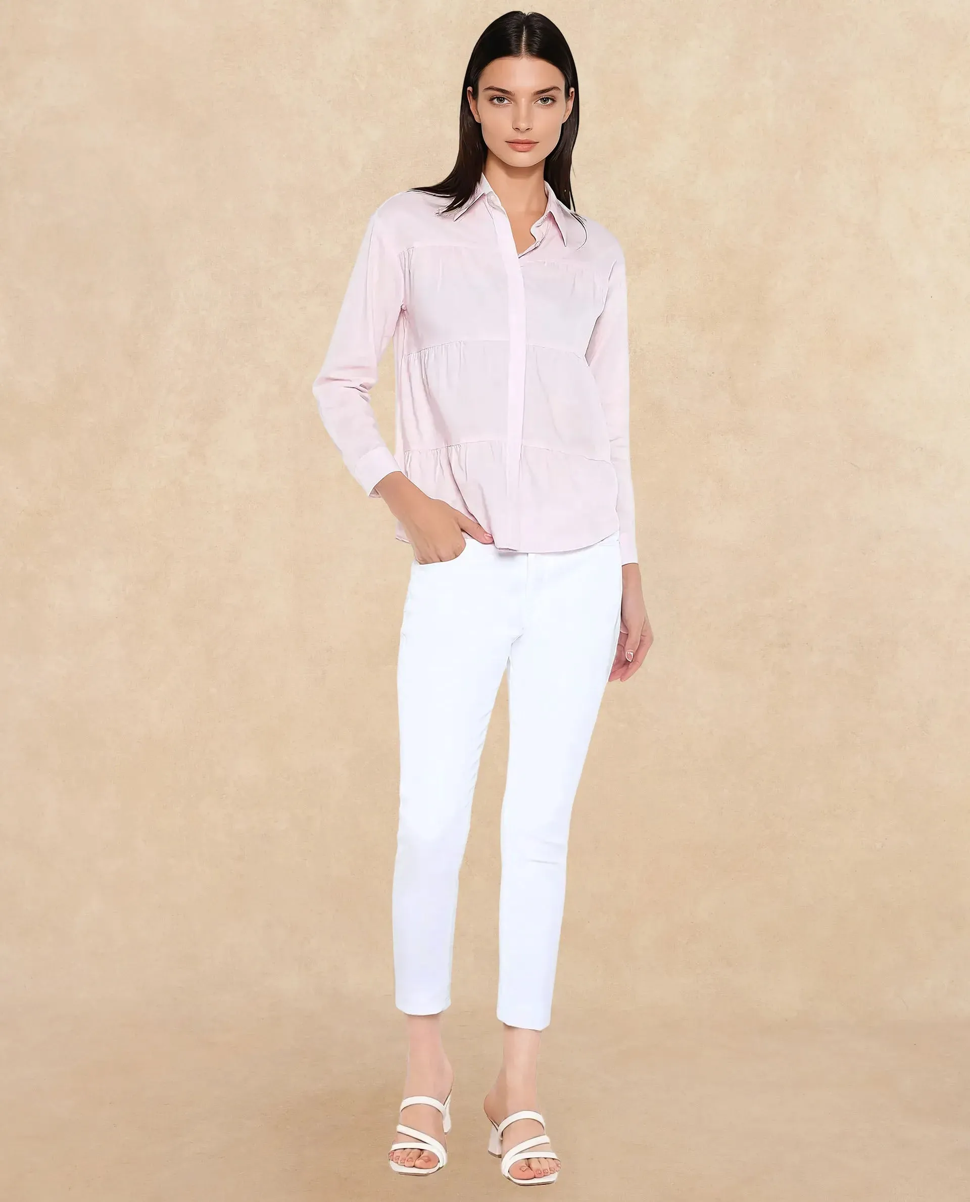 Rareism Women Towol Light Pink Cuffed Sleeve Collared Neck Button Closure Plain Top