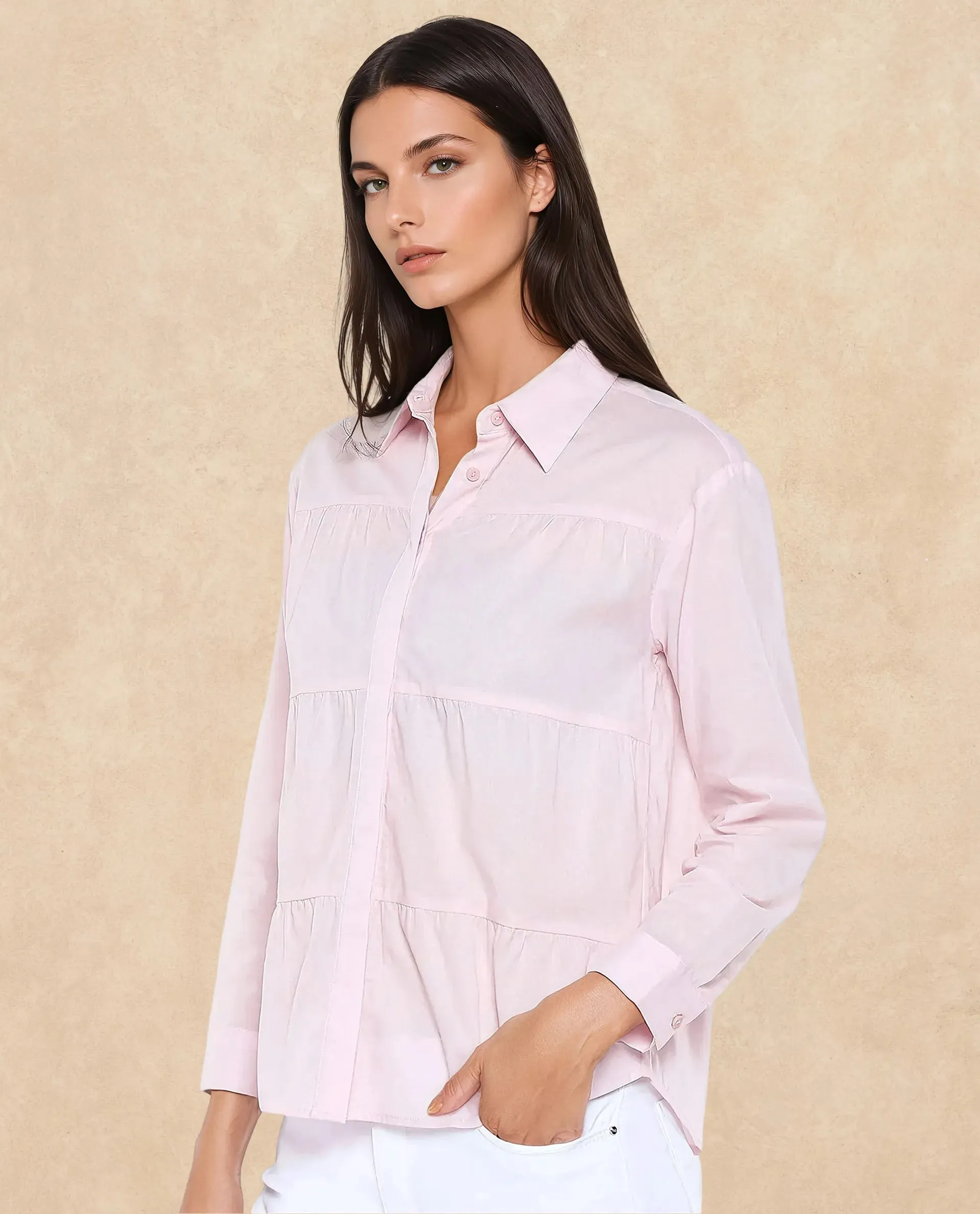 Rareism Women Towol Light Pink Cuffed Sleeve Collared Neck Button Closure Plain Top